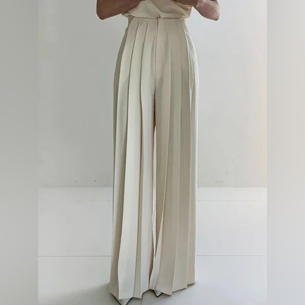 Womens High-Waist Wide-Leg Full Pleated Front Ivory/Cream Pants Trousers Size 1X